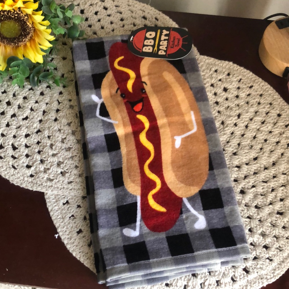 BBQ Party Hot Dog Kitchen Towels- Gray & Black Plaid
